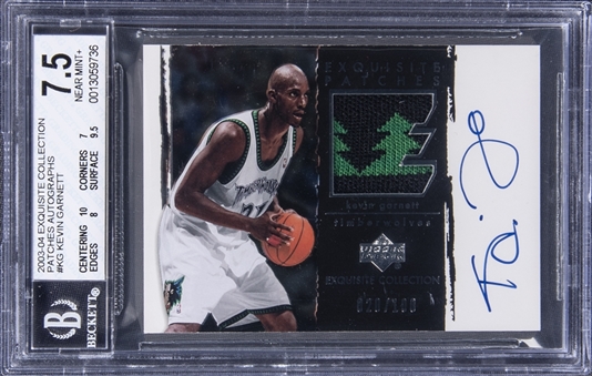 2003-04 UD "Exquisite Collection" Patches Autographs #AP-KG Kevin Garnett Signed Game Used Patch Card (#020/100) - BGS NM+ 7.5/ BGS 10